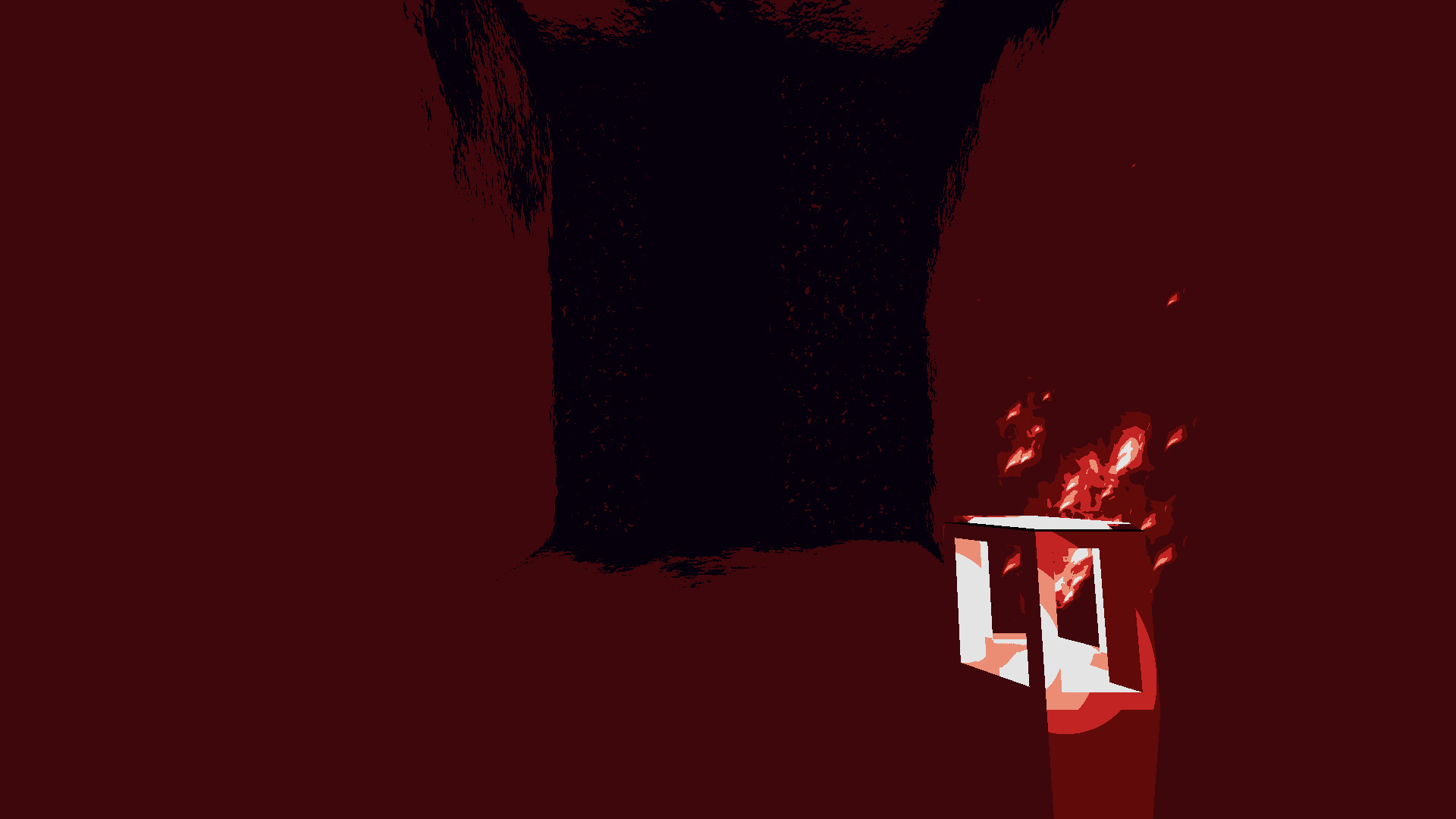 A variation of the post processing effect where the color palette has changed to red, with the hallway fading into a near-black void.
