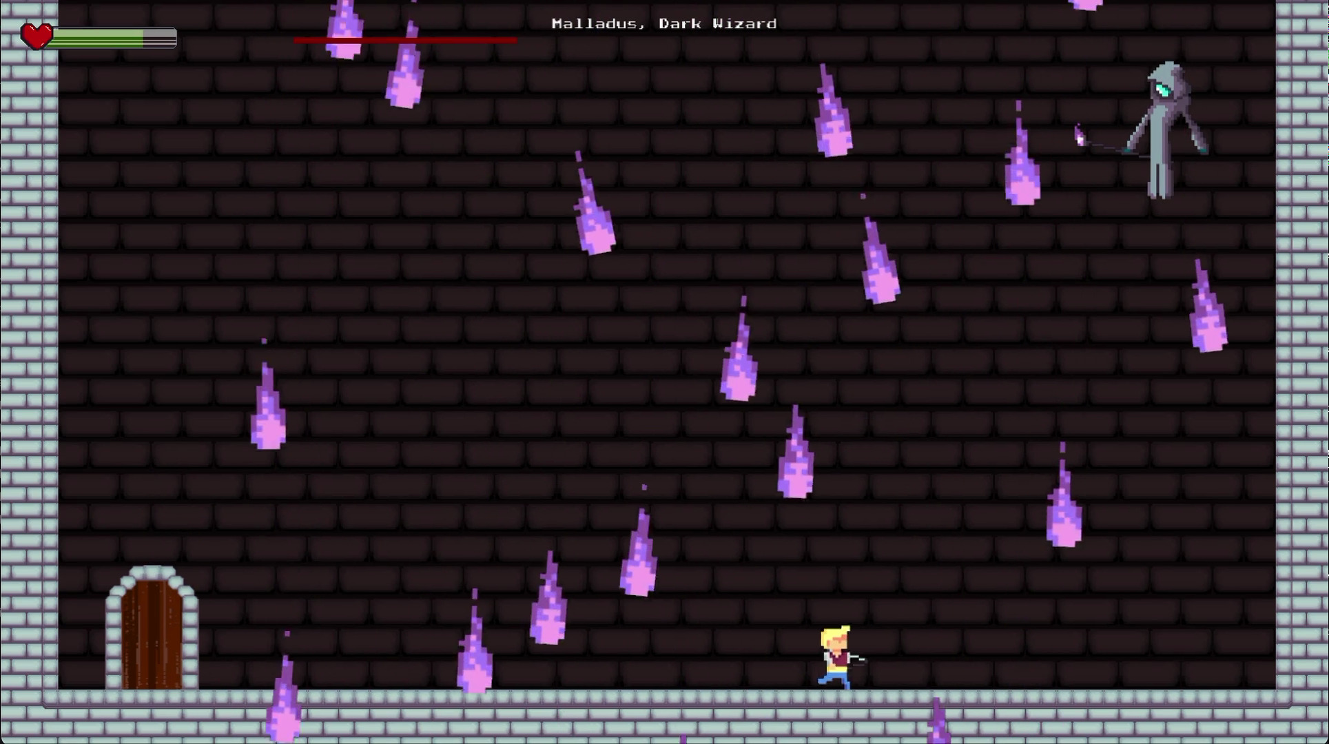 A screenshot of the middle of the boss fight, depicting a 'Bullet Hell' stage. Fireballs rain down from the top of the screen while the boss floats safely in the upper corner.