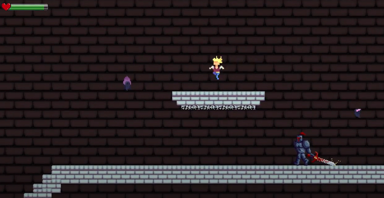 The player is mid-jump, using a platform to gain the height needed to avoid the enemies in the room.